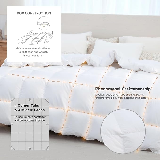 All Season 100% Cotton Down Comforter Twin Size,High Fill Power White Down Fluffy Hotel Style Duvet Insert, Noiseless Eco-Friendly, 8 Corner Tabs, Machine Washable, Twin Size(68×90，35oz)