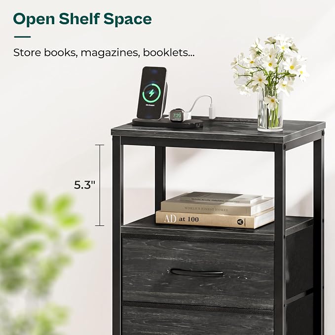 Huuger Nightstand with Charging Station, 27.6 Inch End Table Bedside Table with USB Ports and Outlets, Night Stand for Bedroom, Fabric Drawers, Charcoal Black Wood Grain Print - Image 7