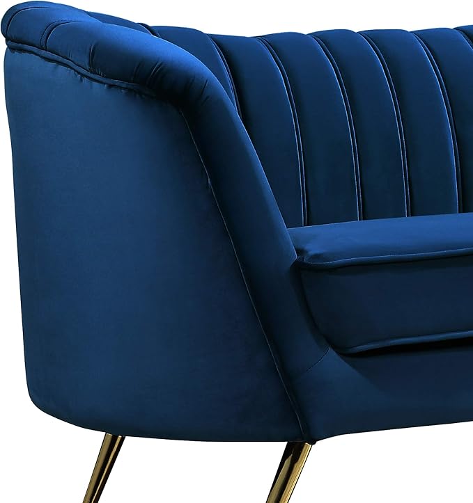 Meridian Furniture Margo Collection Modern | Contemporary Velvet Upholstered Sofa with Deep Channel Tufting and Rich Gold Stainless Steel Legs, Navy, 88" W x 30" D x 33" H
