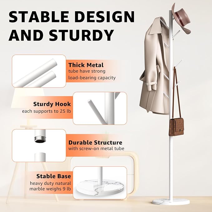 HzTinT Coat Rack with Natural Marble Base, Metal Freestanding Coat Rack with 8 Hooks, 3 Adjustable Size Sturdy Coat Tree for Bags, Coats, and Hats for Entryway, Hallway, Bedroom, Office, White - Image 4