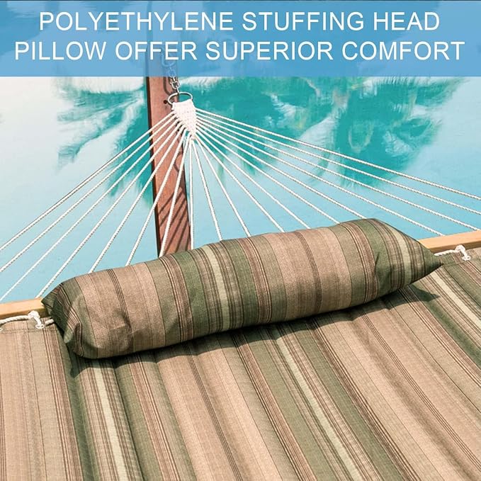 Lazy Daze 12 FT Quilted Fabric Double Hammock with Spreader Bars and Detachable Pillow, 2 Person Hammock for Outdoor Patio Backyard Poolside, 450 LBS Weight Capacity, Mixed Green & Brown Stripe - Image 3