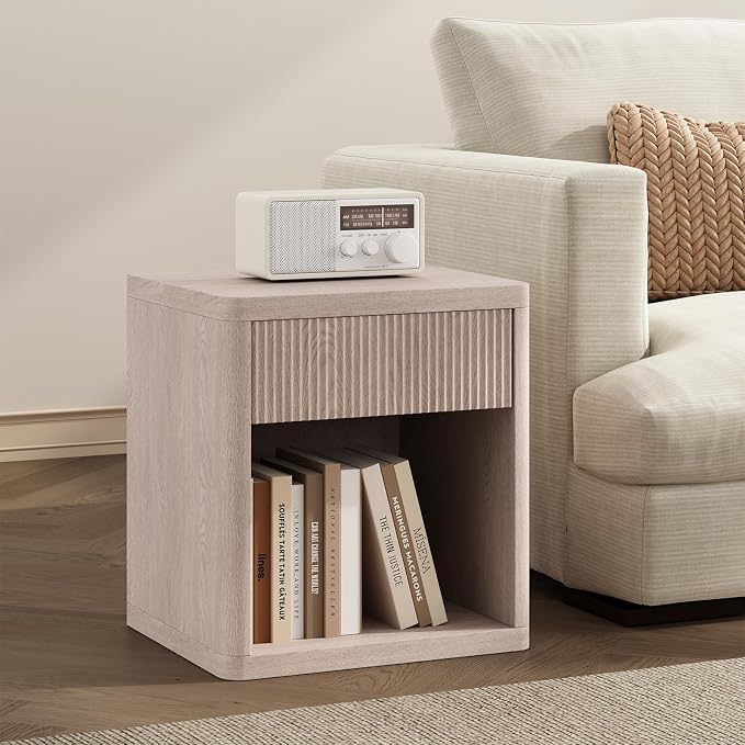 DUMOS 22.7" Modern Night Stand with Drawer and Open Shelf, Mid Century Bedside Table for Bedroom, Wood End Table with Fluted Front, Sturdy Compact Sofa Side Table, White Oak - Image 7