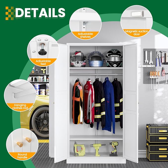 Metal Armoire Wardrobe Closet Cabinet,White Armoire Wardrobe Closets Storage Cabinets with Doors and Adjustable Shelves for Laundry Room,Bedroom,Bathroom