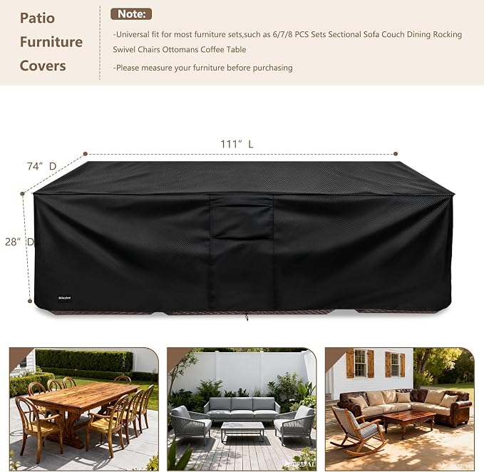 Rectangular Patio Furniture Covers,Upgraded 600D Heavy Duty Outdoor Furniture Covers Waterproof,Outdoor Sectional Dining Table and Chairs General Purpose Furniture Set Cover,111"L × 74"W × 28"H,Black - Image 2