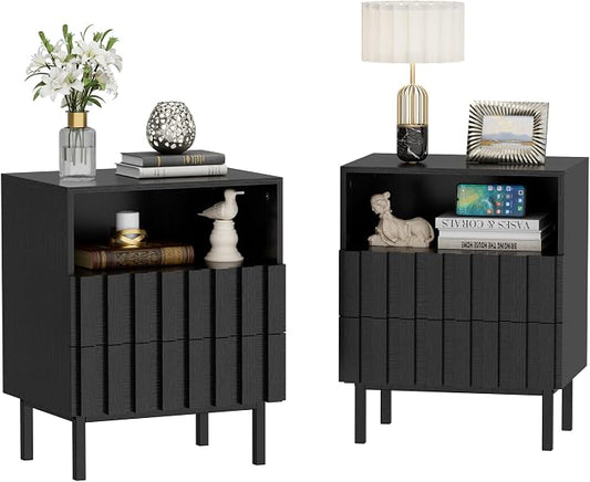 UEV Mid Century Modern Fluted Nightstand Set of 2, 2 Drawers End Table with Storage Space, Accent Solid Wood Bedside Table for Bedroom, Living Room (Black, Set of 2) by YourHomeExcellentVendor