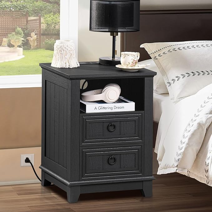 Joaxswe 18" Night Stands Set of 2 with Charging Station, Farmhouse 2 Drawers End Table Dresser for Bedroom, Black Wooden Nightstand, Bed Side Table with Open Shelf, Bedside Cabinet for Living Room - Image 8