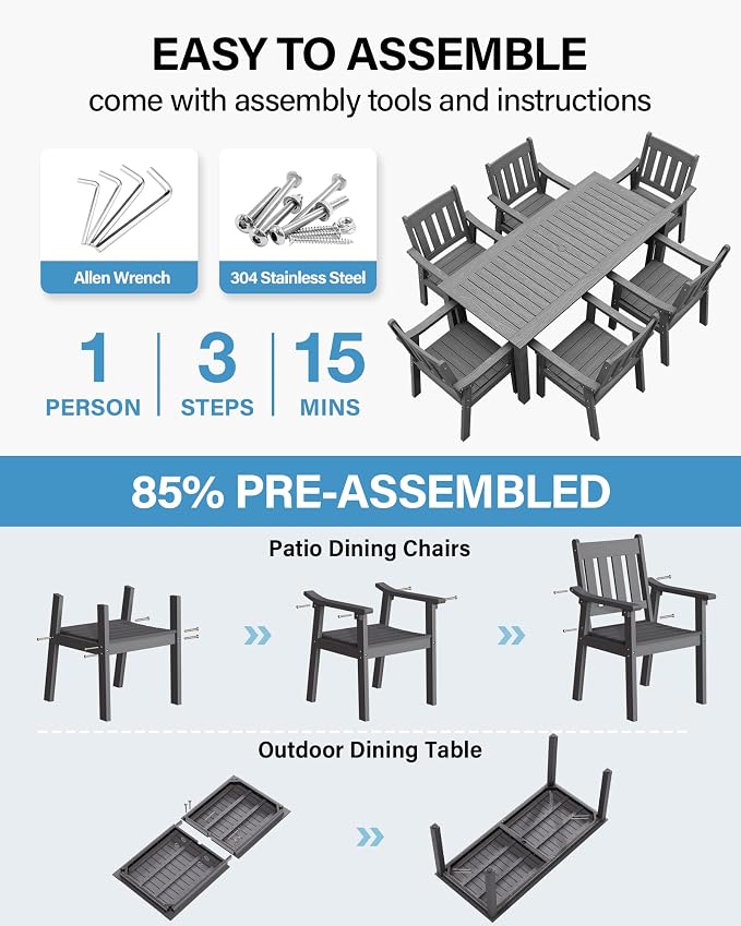 YEFU HIPS Patio Table Set: 7 Piece Patio Table and Chairs Outdoor Furniture Set with Umbrella Hole - Gray Modern Plastic Dining Sets 6 Person for Outside Deck with Metal Aluminum Frame - Image 2
