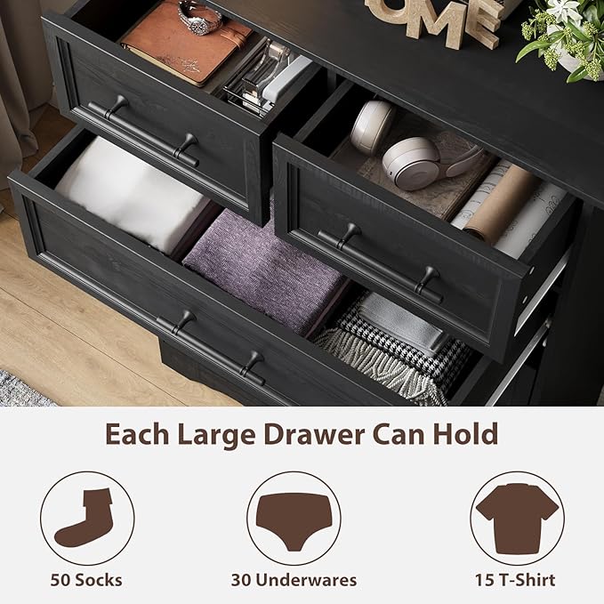 Bedroom Set, 3 Pieces Bedroom Furniture Set, Wood 6 Drawer Dresser and Nightstands with Charging Station, Farmhouse Storage Organizer Cabinet for Bedroom, Black
