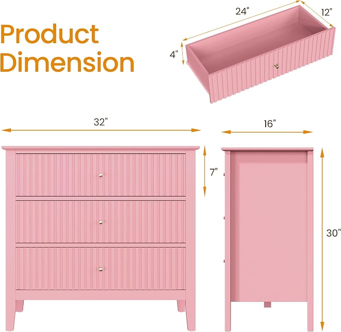 RoyalCraft Fluted 32 inch Wide Nightstand Set of 2, Large Pink Nightstand with 3 Drawer, Modern End Table, Wood Beside Table for Home and Office - Image 2