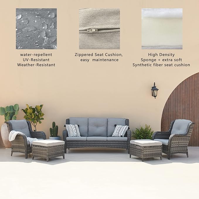 Outdoor Patio Wicker Furniture Set - 6 Piece Rattan Patio Conversation Sectional Sofa Set with 1 Couch,2 Armchairs,2 Ottomans and 1 Glass Top Coffee Table for Porch Deck Garden(Mixed Grey/Grey)