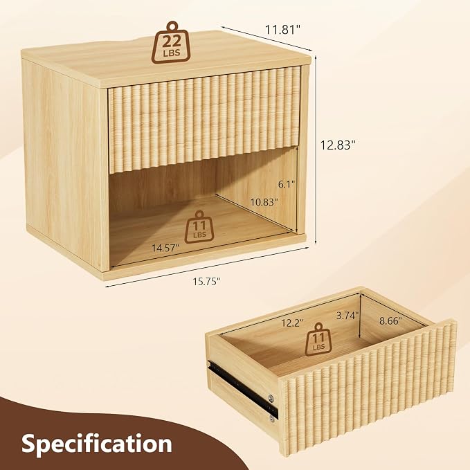 VINGLI Floating Nightstand Set of 2 Fluted Nightstands with 1 Drawer, Oak Night Stand for Bedroom, Wood Bed Side Table, Fluted Nightstand End Table for Bedroom and Living Room - Image 2