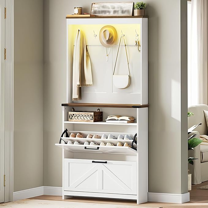 Farmhouse Shoe Cabinet with Coat Rack, Tall Shoe Cabinet with 2 Flip Drawers, Narrow Hidden Shoe Storage Cabinet, 2 in 1 Hall Tree Slim Freestanding Shoe Rack Organizer for Entryway, LED Light, White by RALGEND