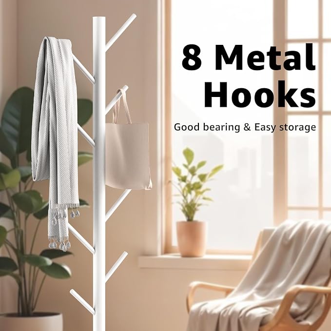 HzTinT Coat Rack with Natural Marble Base, Metal Freestanding Coat Rack with 8 Hooks, 3 Adjustable Size Sturdy Coat Tree for Bags, Coats, and Hats for Entryway, Hallway, Bedroom, Office, White - Image 3