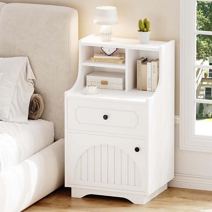 4ever2buy Farmhouse Nightstand Set of 2 with Hutch, 30 inch Tall Nightstands with Storage, End Tables Bedside Tables for Bedroom, White - Image 7