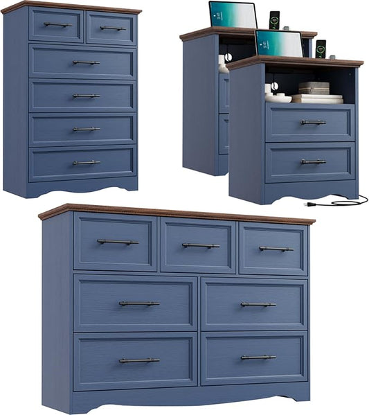 Bedroom Set, 4 Pieces Bedroom Furniture Set, 47" W 7 Drawer Dresser, 44" H 6 Drawer Dresser and Nightstands with Charging Station, Farmhouse Storage Organizer Cabinet for Bedroom, Blue