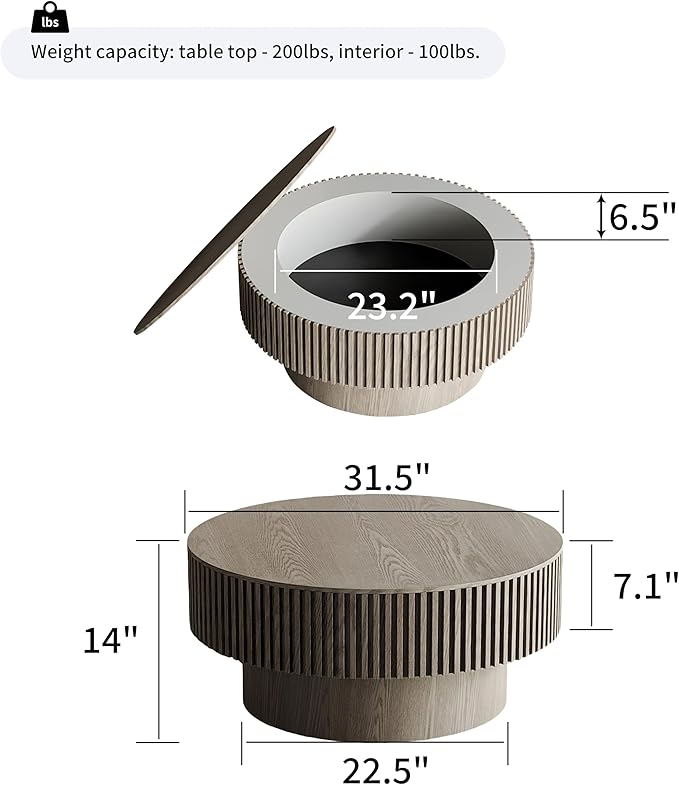 31.5" Storage Coffee Table Round Modern Coffee Table for Living Room, Circle Wood Center Tea Table Drum Accent End Table, with Hidden Space & Sturdy Base & Minimalist Fluted Side, Grey