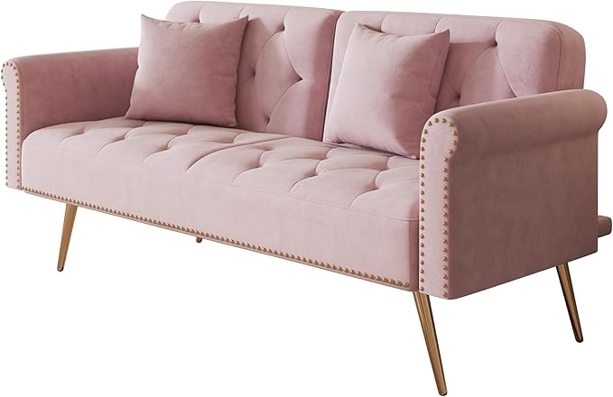Convertible Futon Sofa Bed , Adjustable Sleeper Couch Modern Velvet Tufted Recliner Reversible Loveseat Folding Daybed Guest Bed Sofacama w/ Nailhead Trim and Golden Metal Legs for Living Room Office