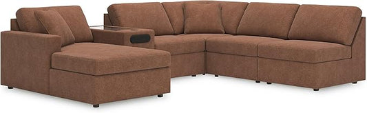 Signature Design by Ashley Modern Modmax Stain Resistant U-Shape Right-Arm Facing 6-Piece Sectional with Chaise and Audio Console, Orange