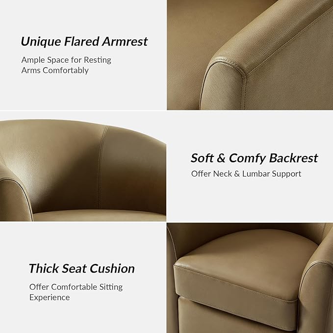 HULALA HOME Genuine Leather Swivel Accent Chair with Solid Wood Base, Round Swivel Barrel Chair for Living Room and Bedroom, Taupe