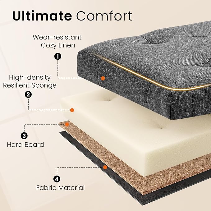 Furniliving Ottoman Bench with Storage, Folding Storage Ottoman Bench with Wood Legs, Upholstered Bedroom Bench with Button-Tufted, Entryway Bench Storage Bench for Bedroom, Linen (Darkgrey) - Image 8
