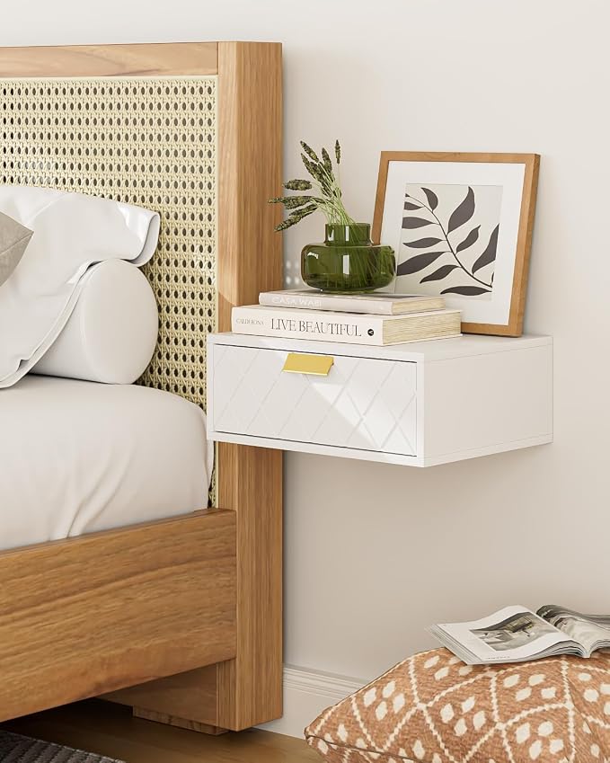 Aienvey Floating Nightstand, Floating Shelf with Drawer, Wall Mounted Nightstand, Floating Bedside Table (White Diamond) - Image 6