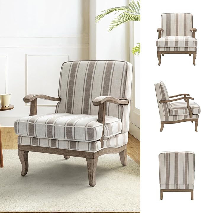 HULALA HOME Upholstered Accent Chair, Mid-Century Modern Striped Chair with Graceful Curves and Wooden Legs, Comfy Lounge Armchair Striped Accent Chairs for Living Room, Bedroom (TAN)