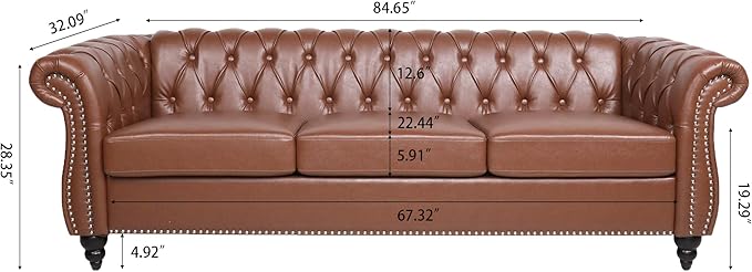 ERYE 84.5-Inch Classic 3 Seat Chesterfield Sofa Couches for Living Room Bedroom, 3 Seaters Button Tufted Faux Leather Upholstered Chesterfield Sofa Couch,Wood Legs | Button Tufted, Easy to Assemble, Nailhead, Removable Cushion