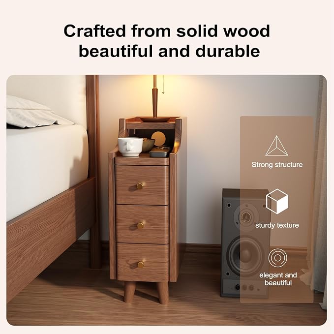 Solid Wood Narrow Nightstand with Drawers,Walnut Nightstand Wood Bedside Table Modern for Bedroom,Study,Toilet - Image 3