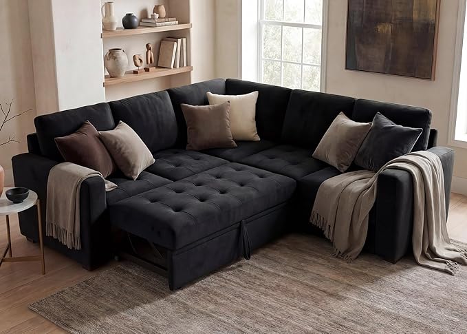 HONBAY Modular Sectional Sofa with Pull Out Bed Velvet Convertible L Shaped Couch with Storage Seat Sleeper Sectional Couches for Living Room,Velvet Black