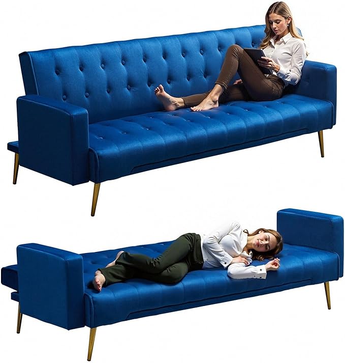 Rovibek Futon Sofa Bed, Convertible Futon Couch, Modern Futons Bed with Adjustable Backrest, Metal Legs, Living Room Apartment Office Fouton, Blue