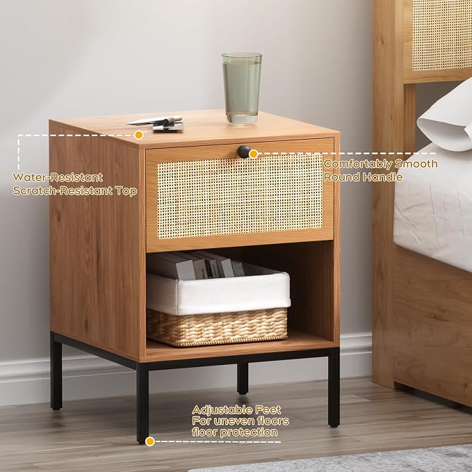 Yechen Set of 2 Rattan Nightstands with Drawer & Open Shelf, Boho Bedside Table with Natural Cane, Wood End Table with Metal Legs for Bedroom, Small Spaces, Brown - Image 7