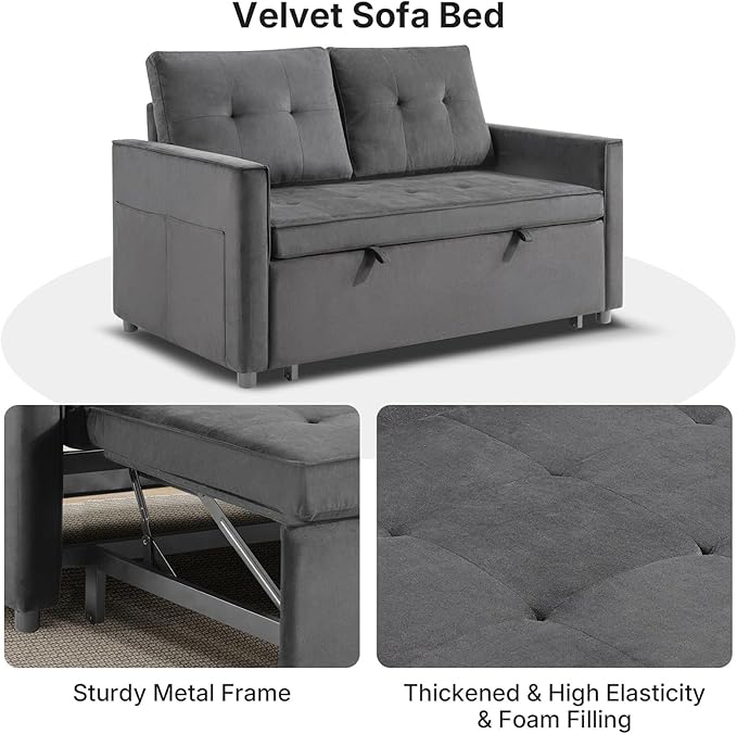 Rovibek 3-in-1 Velvet Sleeper Sofa Bed, Convertible Pull Out Couch for Living Room with Adjustable Backrest, Side Pockets, Velvet Fabric Loveseat Sofa for Apartment, Grey