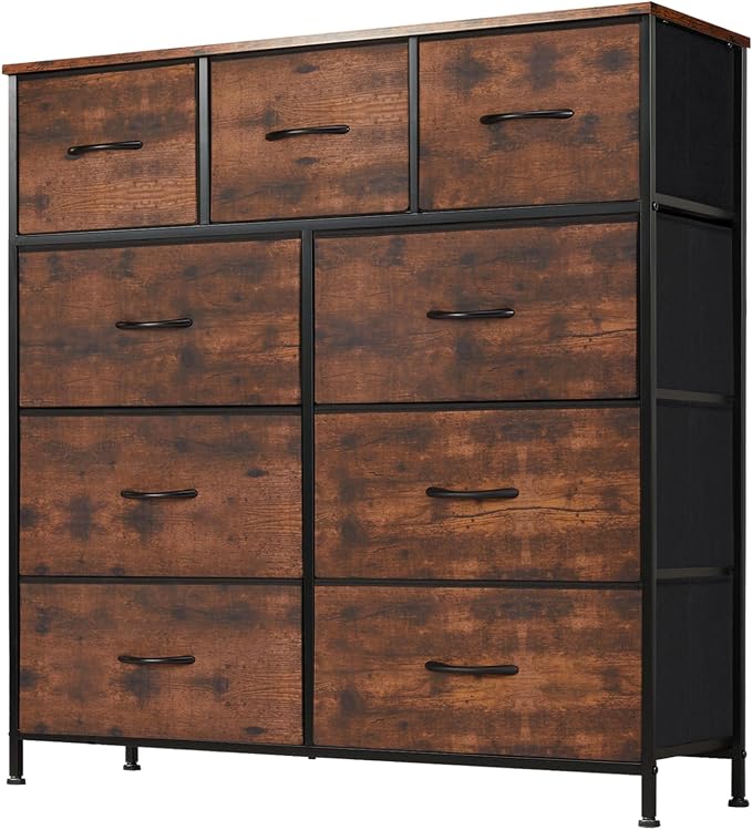DUMOS Dresser for Bedroom, Storage Organizer with 9 Drawers, Chest of Drawers with Fabric Bins, Sturdy Metal Frame, Wood Tabletop for Guest Room, Closet, Entryway, Brown by DumosLifestyle