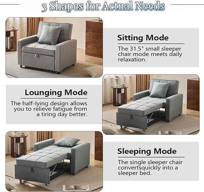 3-in-1 Convertible Sleeper Chair, Pullout Chair with Extra Pillow, Recliner Sofa Bed with 4 Adjustable Angles, Convertible Lazy Sofa Bed for Small Spaces Home Office, Light Gray