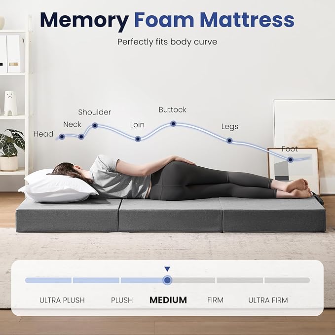 Foldable Mattress Cot, 6 Inch Memory Foam Folding Mattress Cot, Trifold Mattress with Breathable & Washable Cover, Portable Mattress for Guest Bed, 75"x31"x6", Grey