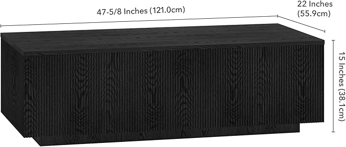 Henn&Hart 48" Fluted Rectangular Low-Profile Coffee Table with Ribbed Sides for Living Room, Family Room, or Office, Natural Black
