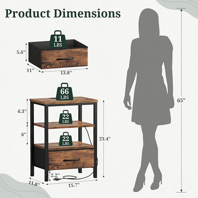 Nightstand Set of 2 with Charging Station, Bedside Table with USB Ports & Outlets, Small Dresser End Table with Fabric Drawer and Open Storage Shelf, Wooden Top for Bedroom, Brown - Image 2