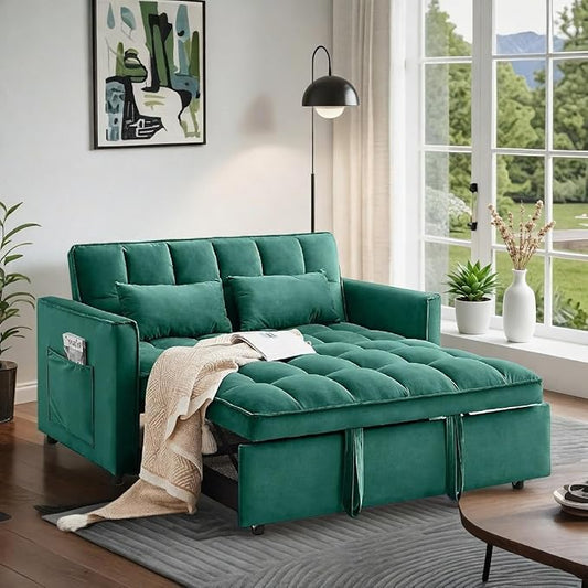 Convertible Sofa Bed, Pull Out Couch with Side Pockets, 3 in 1 Velvet Fabric Loveseat Sleeper Sofa Bed, Pull Out Couch with Adjustable Backrest for Living Room, Bedroom, Apartment, Green