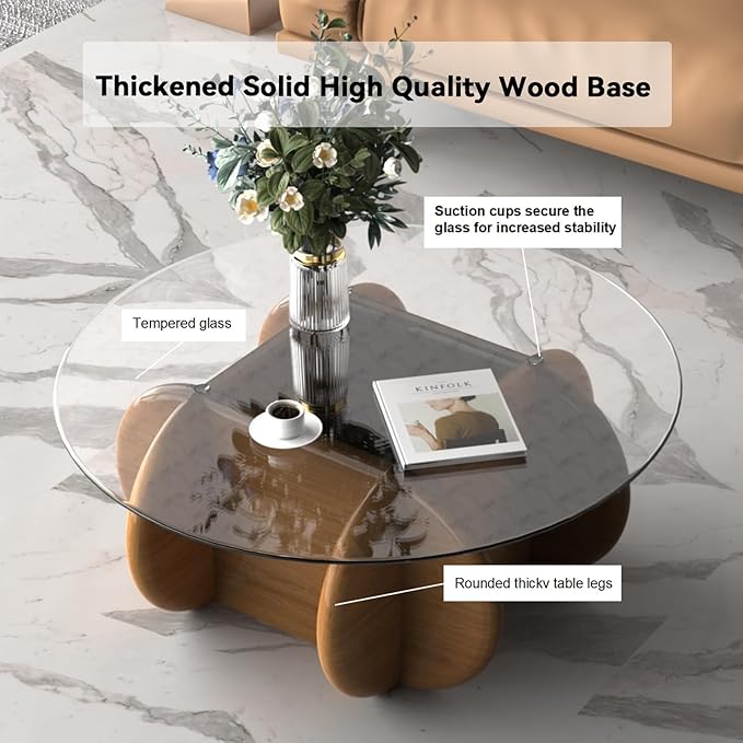 Transparent Round Glass Coffee Tables Noguchi Elegant Round Coffee Table with Solid Wood Legs and Tempered Glass Tabletop for Living Room Home Small Space Reception Office Tables 31.5"