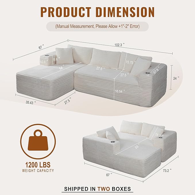 Shintenchi Boneless Couches for Living Room,Modular Sectional Sofa with 2 Cup Holders,Memory Foam Cloud Couch with L Shaped Oversized Chaise,No Assembly Needed Plush Corduroy Sofa,White