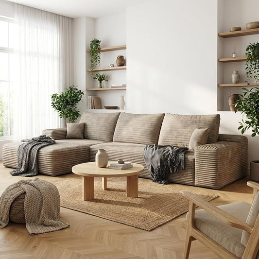 Eafurn Oversized L-Shaped Modular Sectional Sofa with Chaise, Fluffy Corduroy Upholstered Boneless Couch with Deep Seat, Minimalist Flexible Combination for Living Room | Breathable material, Full Foam, Anti-slip
