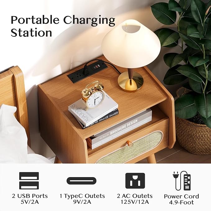 JOINICE Night Stand Set 2, Mid Century Modern Nightstands Drawer, Rattan Bedside Table with Charging Station, Boho End Table with Storage, Wood Bed Side Tables for Bedroom, Small Space, Cherry - Image 4