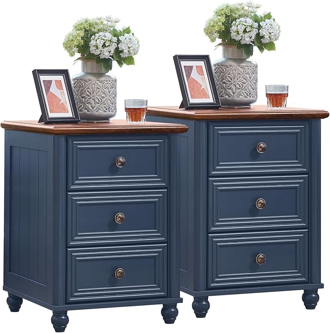 RWYHG 18" Farmhouse Night Stand Set of 2, Blue Wood Nightstand with 3 Drawers, Bedside End Table with Storage and Roman Column, Bed Side Tables Cabinet for Bedroom, Living Room, and Closet by RWYHG