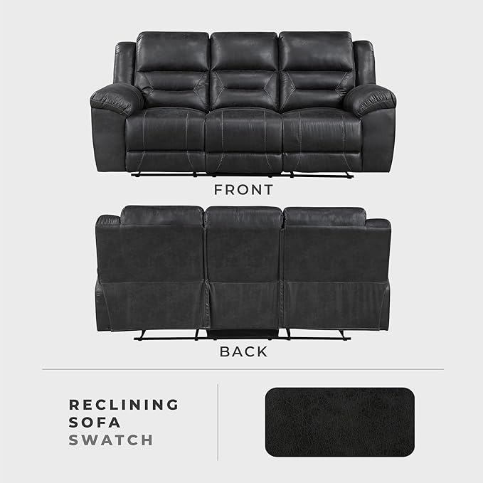 Lexicon Double Recliner Sofa for Living Room, Wall Hugger Manual Reclining Couch Sofa, Textured Microfiber Upholstered Dual Reclining Sofa, Home Theater Seating, Required Assembly, Black