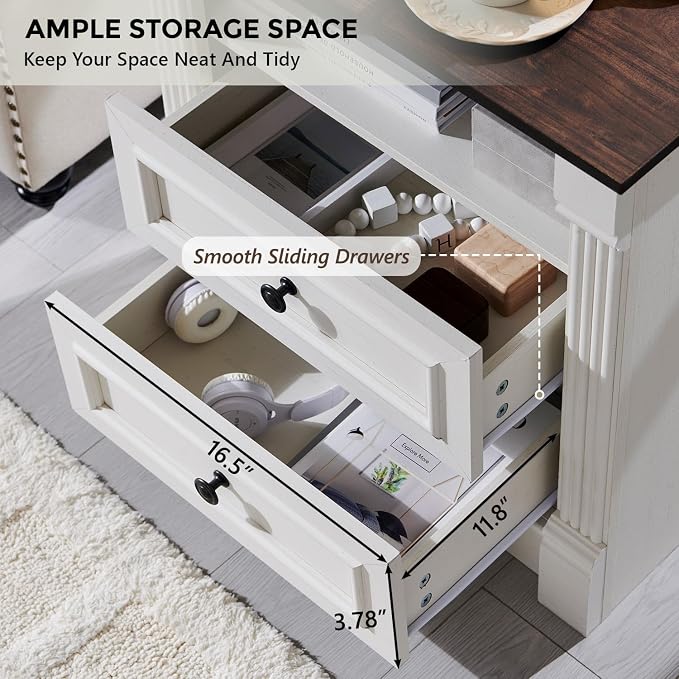 Aitjunz 26" Tall Farmhouse Nightstand, 2 Drawers End Table w/Charging Station, 23.6" Wide Large Side Table w/Roman Column, Wood Rustic Sofa Table w/Open Shelf, Bedside Table for Bedroom, White - Image 5