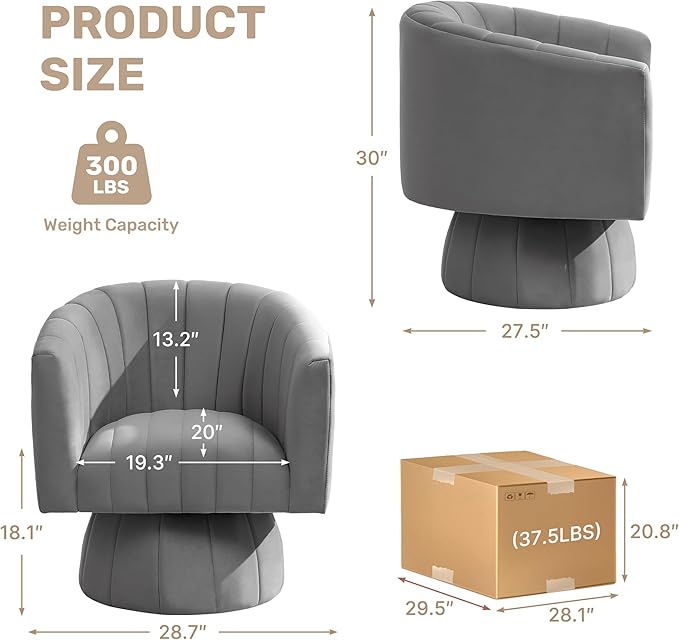 Swivel Accent Barrel Chair, Cute Comfy Small Round 360° Arm Chair. Velvet Sofa Club Reading Chair for Living Room Bedroom Office Grey