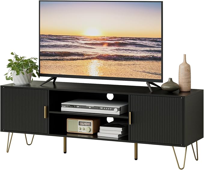 TV Stand for 55-65 inch TV, Entertainment Center with Soft Hinge Door,TV Console Table with 2 Cabinets with Gold Handle and Feet,for Living Room, Bedroom, Black by Unknown