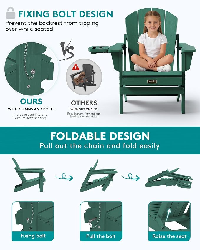 SERWALL Folding Adirondack Chair Set of 2, HIPS Adirondack Chairs with 4 in 1 Cup Holder, Weather Resistant Plastic Chairs for Patio Garden Outdoors Fire Pit - Green - Image 3