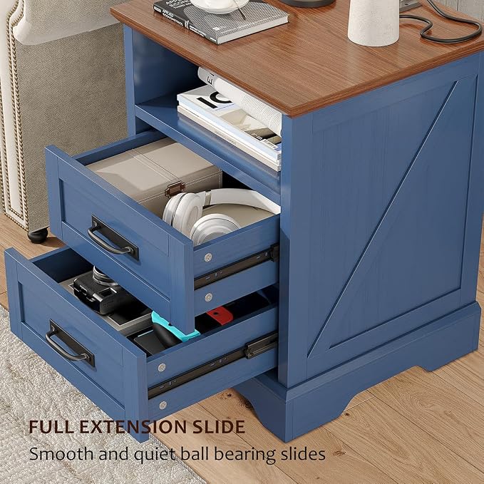 Whalefall Farmhouse Nightstand with Charging Station, 2 Drawers Bed Side Table, 18 inch Wide End Table for Bedroom, Living Room, Blue - Image 5