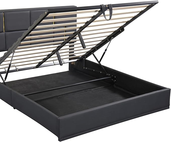 Queen Size Lift Up Storage Bed, PU Leather Upholstered Platform Bed with Hydraulic Storage System and Wooden Slats Support, No Box Spring Needed - Black